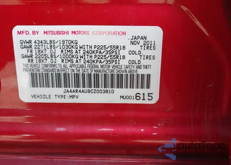 2012 Mitsubishi Outlander Sport Se from USA, damaged, VIN JA4AR4AU8CZ003810